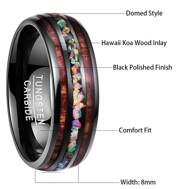 NUNCAD 8mm Black Tungsten Opal Ring with Hawaiian Koa Wood Wedding Ring Engagement Ring Promise Ring Size 10 - Image 5